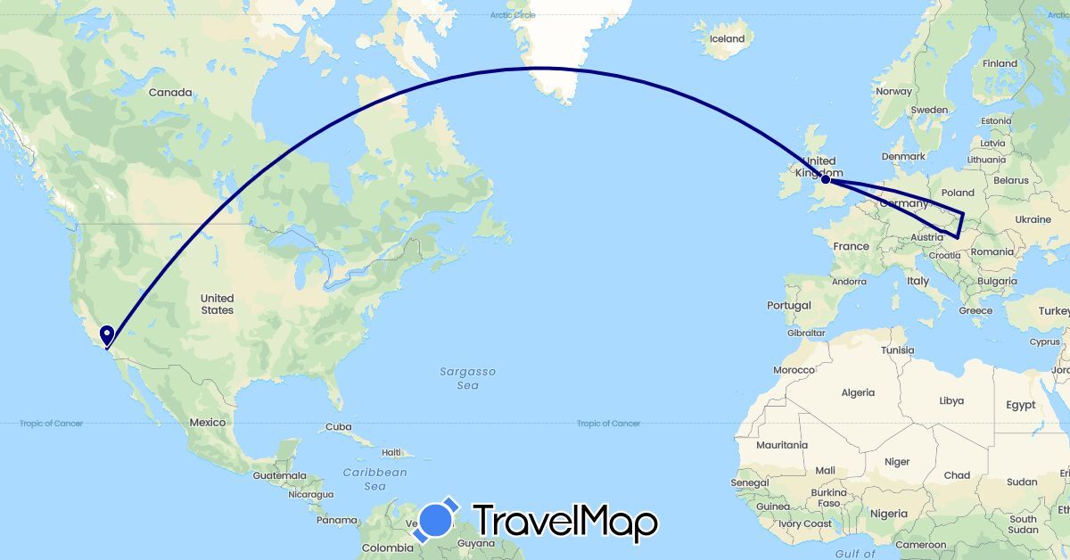 TravelMap itinerary: driving in Austria, United Kingdom, Hungary, Poland, Slovakia, United States (Europe, North America)